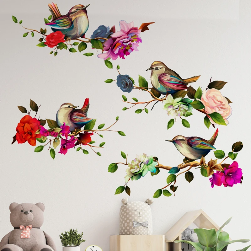 1pc Art Bird & Floral Pattern Self-adhesive Wallpaper Sticker Birds Standing On Branches Flower Decorating Wall Sticker For Home