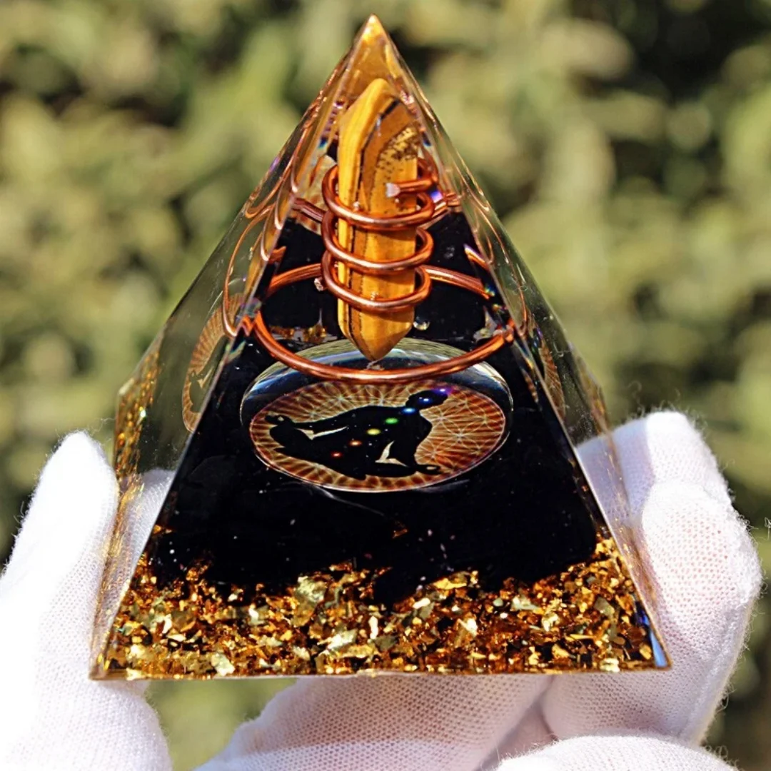Orgonite Pyramid Tree of Life Natural Green & Blue Crystal Chips Copper Wire Energy Generator for Meditation Home Decor Gift