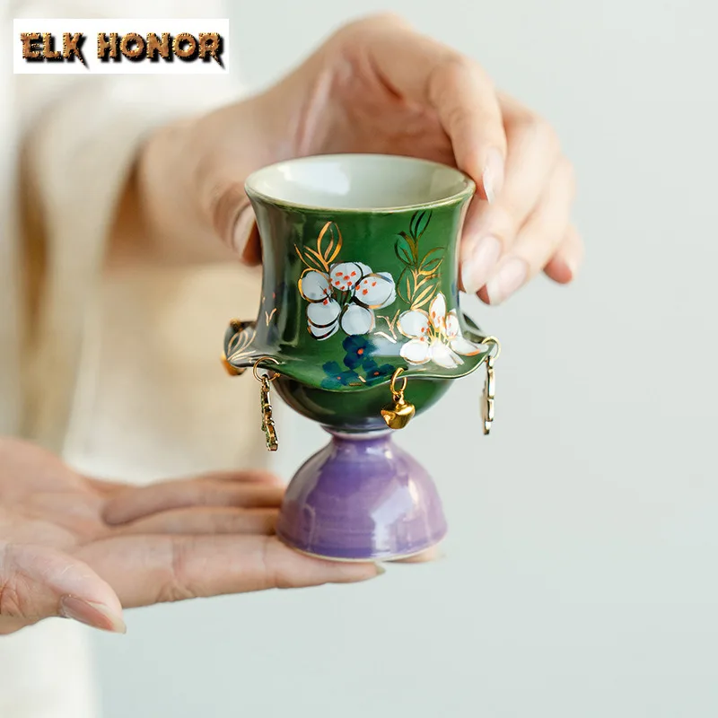

68ml Hand-painted Jasmine Flower High Foot Teacup Creative Tea Bowl Mug Tea-tasting Fragrance Cup Jianzhan Master Cups Teaware