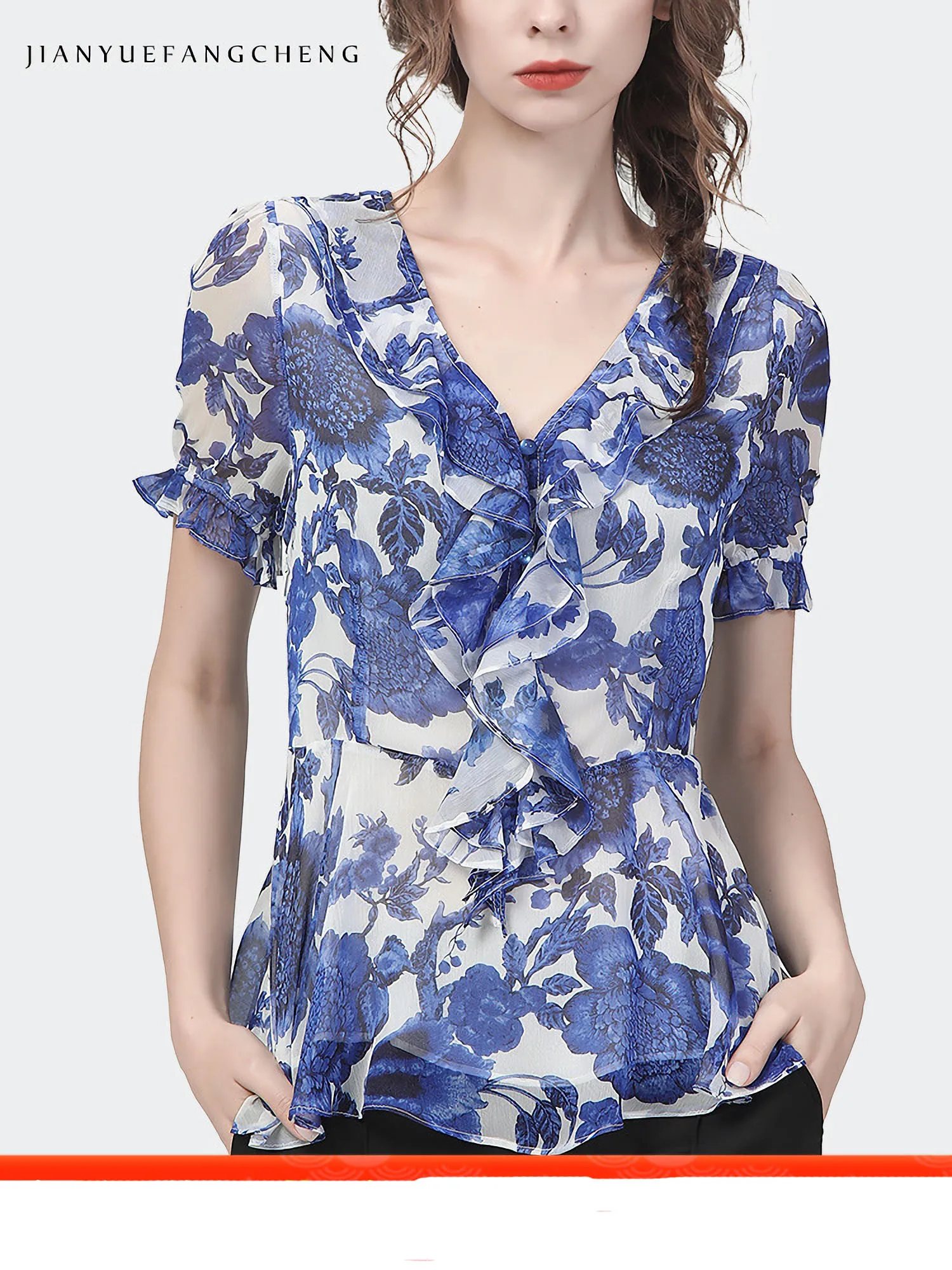 Fashion Blue Floral Printed Chiffon Blouse Women Short Sleeve V-Neck Ruffles Summer Tops Elegant Slim Fit Vintage Casual Shirts