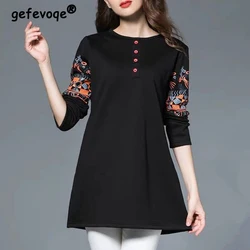 Women's Clothing Korean Fashion Vintage Ethnic Style Print Elegant T-shirts Casual Round Neck Long Sleeve Loose Basic Tunic Tops