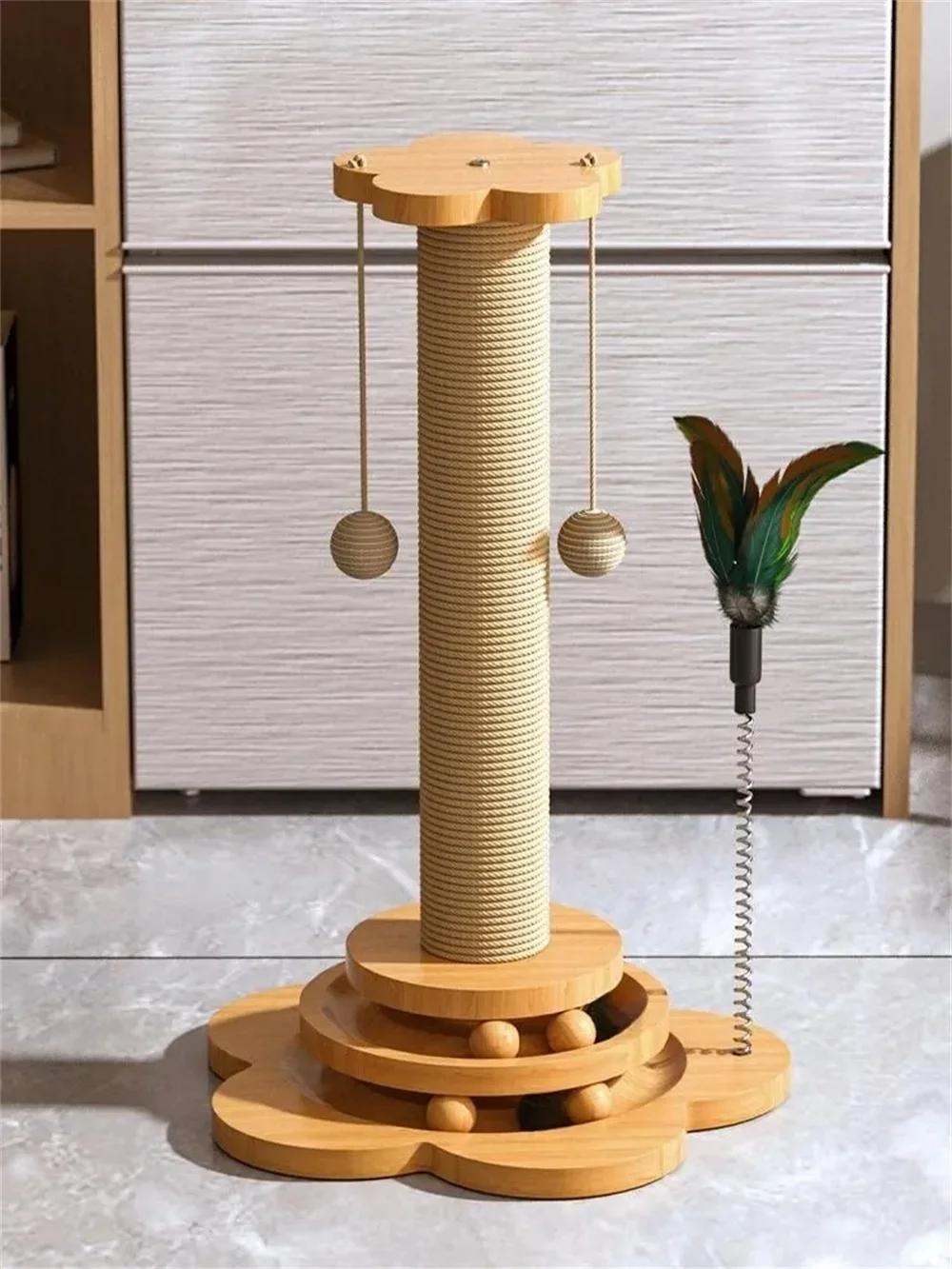 Pet Cat Toy Solid Wood Cat Turntable Funny Cat Stick Balls Durable Sisal Scratching Board Cat Supplies Cat Grab Column