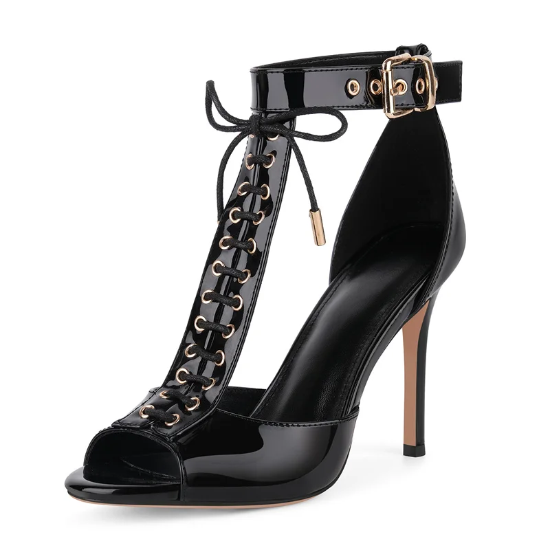 Onlymaker Women Open Toe T-Strap Lace-up Buckle Patent Leather Sandals Party Wedding Thin Heels Sandals view 4