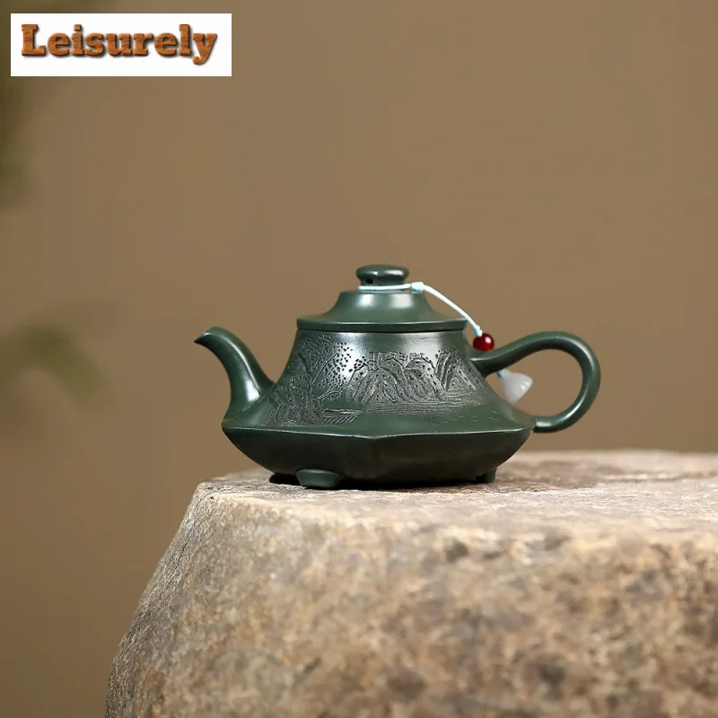 

260ml Yixing Purple Clay Teapot Handmade Three-legged Cloud Furnace Pot Raw Ore Blackish Green Mud Kettle With Infuser Zisha Tea
