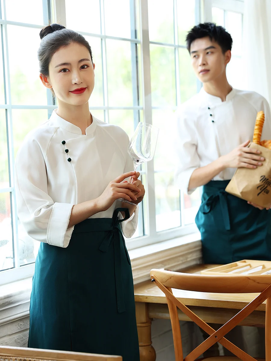 2023 New Spring Coffee Shop Work Clothes Customers Logo Made Bakery Uniforms Catering Waitress White Shirt+Apron Set Wholesales