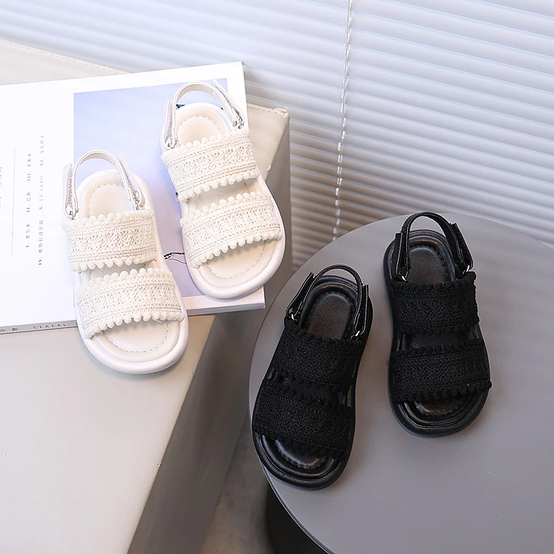 

Summer Girl's Chunky Cotton Fabric Solid Color Kids Sliders Beach Black Beige Open Toe Leisure Toddler Children Slippers 21-30