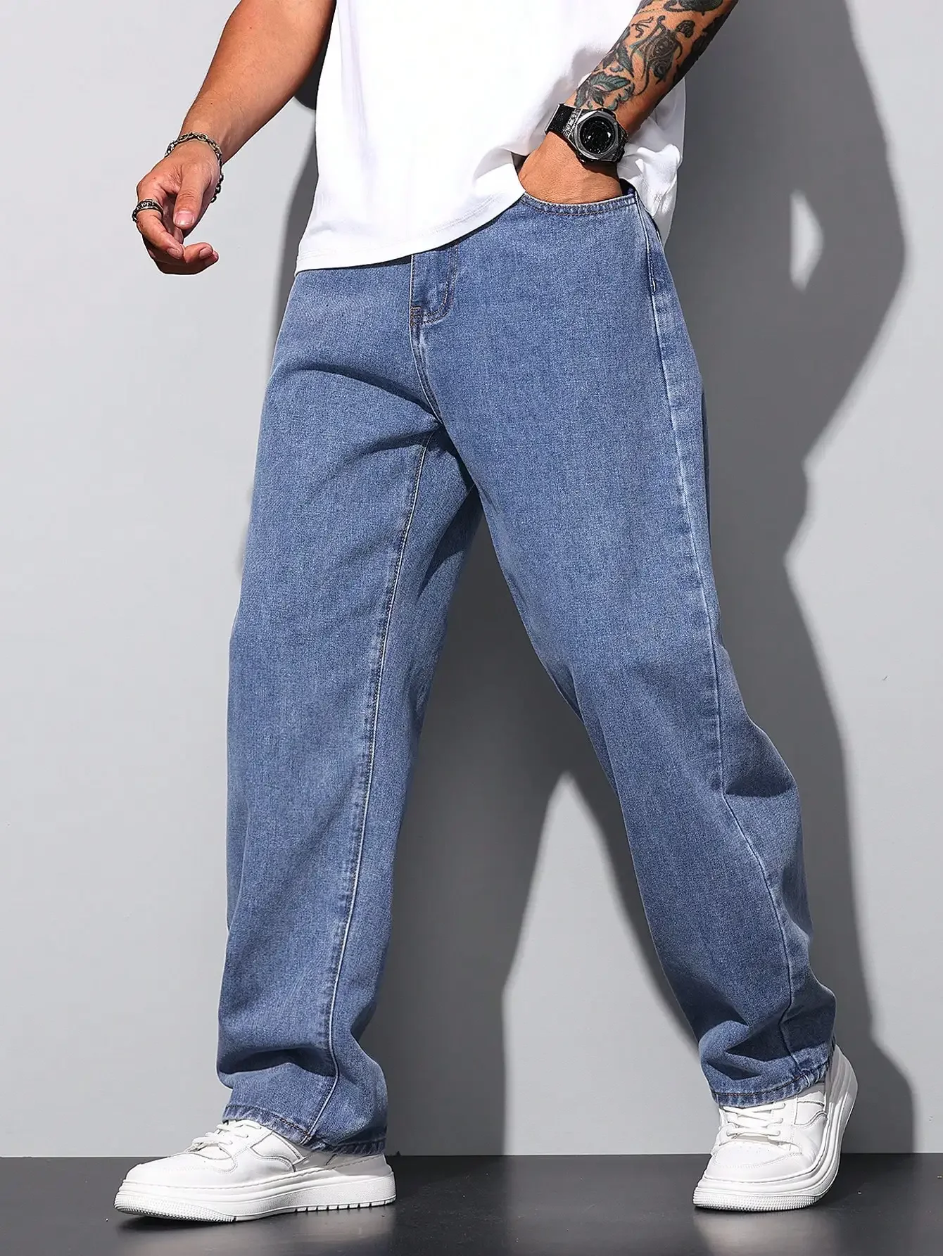 

1 Stück gewaschene minimalistische amerikanische Stil Pendler Jeans, Herren Nischen Lässig weite Bein Hose