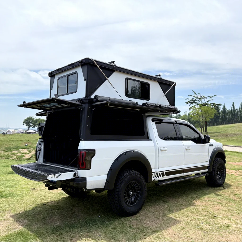Slide-in Truck Camper, for 16ft Pickup Truck, Off-Road RV Caravan Motorhome, with Toilet Bathroom, Foldable Travel Trailer