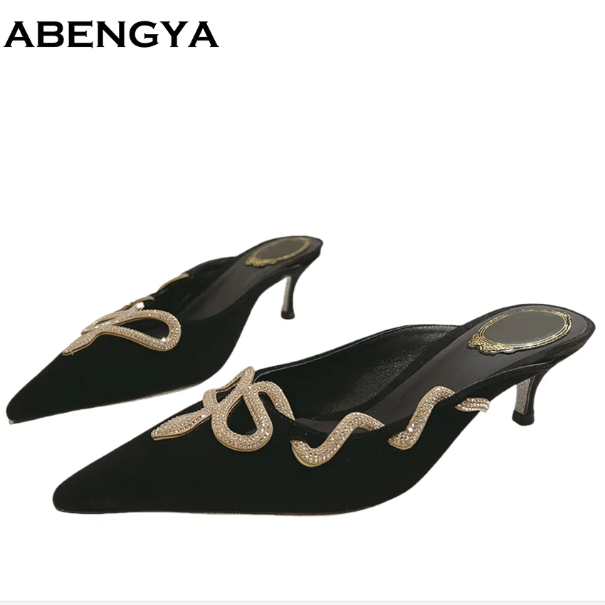 

ABENGYA Summer Point Toe Kitten Heel Slippers Women Suede Leather Crystal Party Women's Shoes Luxury Sandalias Mujer Slippers