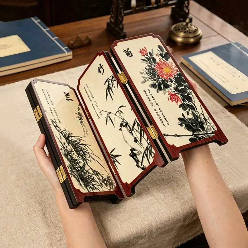 Chinese Style Plum Orchid Bamboo Chrysanthemum Table Screen, Foldable Vintage Desk Ornament, Oriental Home Decor