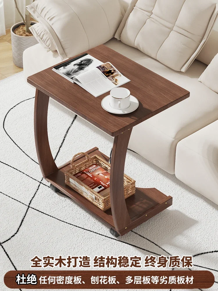 Solid wood sofa side table with movable wheels, C-shaped corner table, living room, household