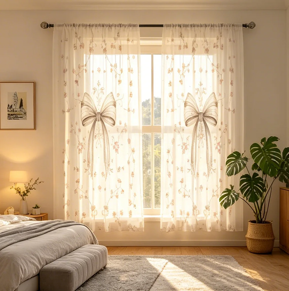 2PCS Digital Printed Sheer Curtain, Sketch Bow Ribbon Drawing, Pencil Art Vintage Coquette for Living Room Bedroom Home Decor