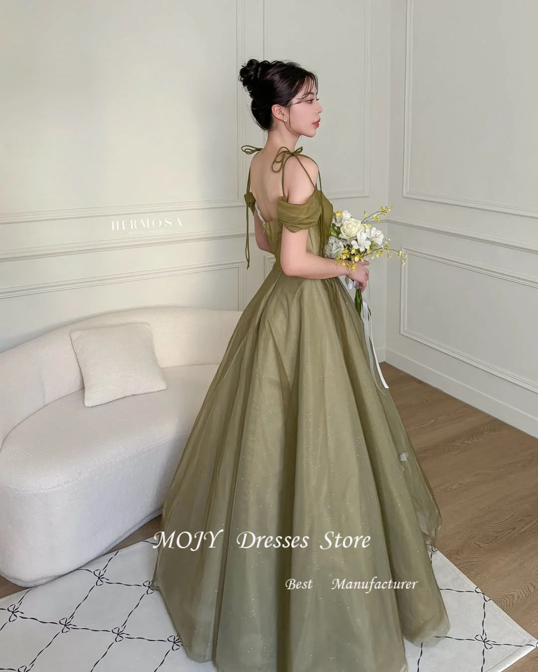 Mojy Fairy Green с открытыми плечами Корейские свадебные платья Блестящее тюлевое плиссированное вечернее платье Фотосессия Индивидуальное вечернее платье невесты