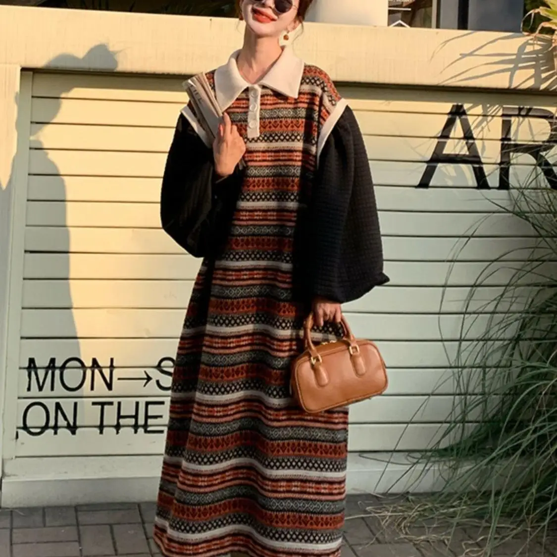 

Вязаное платье больших размеров с эффектом двухслойности, в полоску, с лоскутным узором, женское, весна-осень, длинный свитер-платье в корейском стиле, юбка А-силуэта