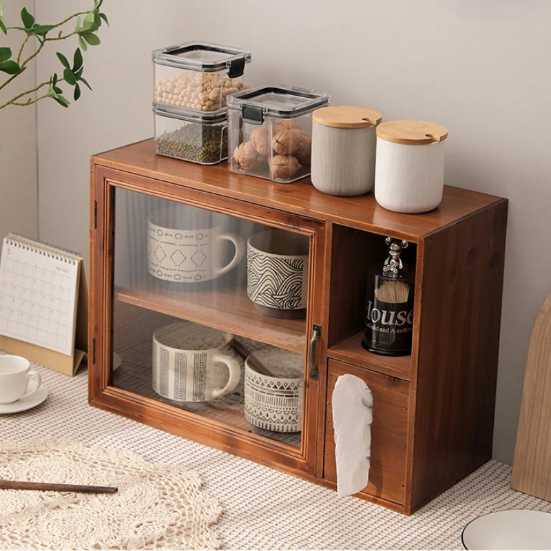 Storage rack with tissue box vintage double-layer wooden tea set tabletop storage box home kitchen cup dustproof cabinet