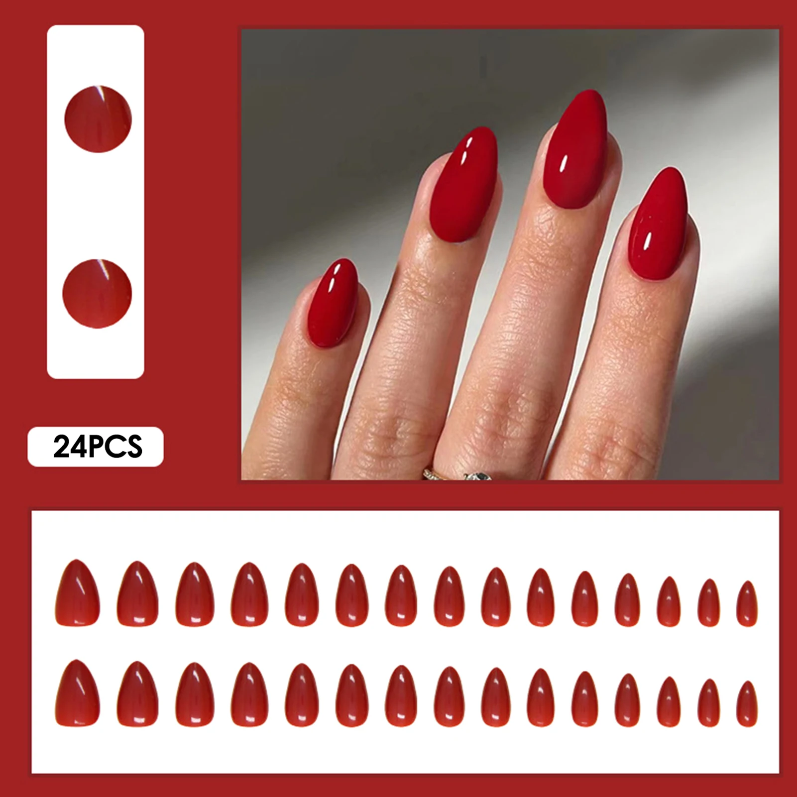 Solid Red Press on Nails Short Almond Pure Red False Nail for Hot Girl Dress Matching