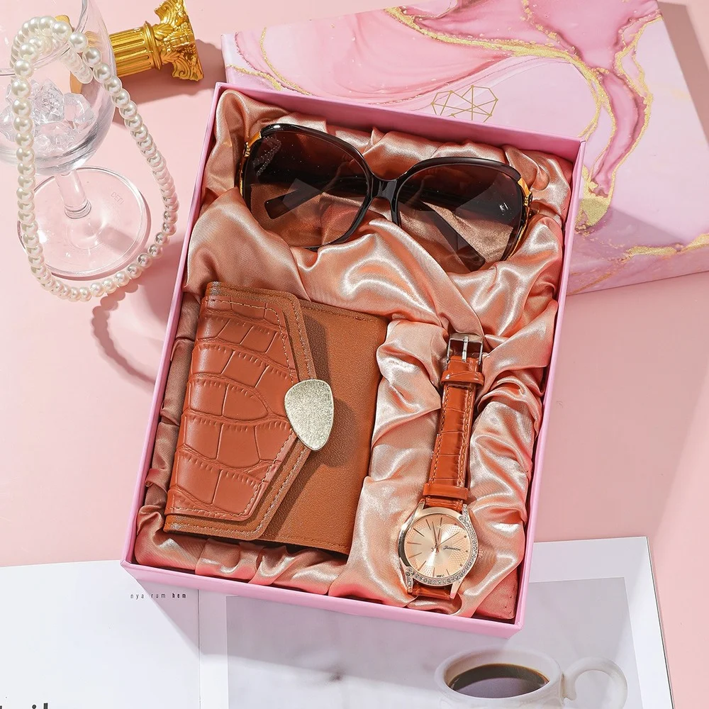 3Pcs/Set Luxury Womens Watches Set with Box Fashion Quartz Watch for Women Sunglasses Wallet Wristwatch Set Gifts Box for Wife