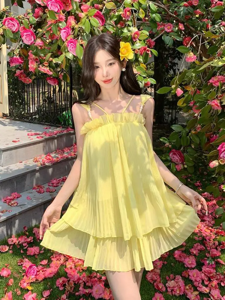 

Summer Women Yellow Sexy Sleeveless Backless Ruffles Slip Tops+ High Waist Pleated Long Skirt Beach Vacation Two Piece Suit Chic