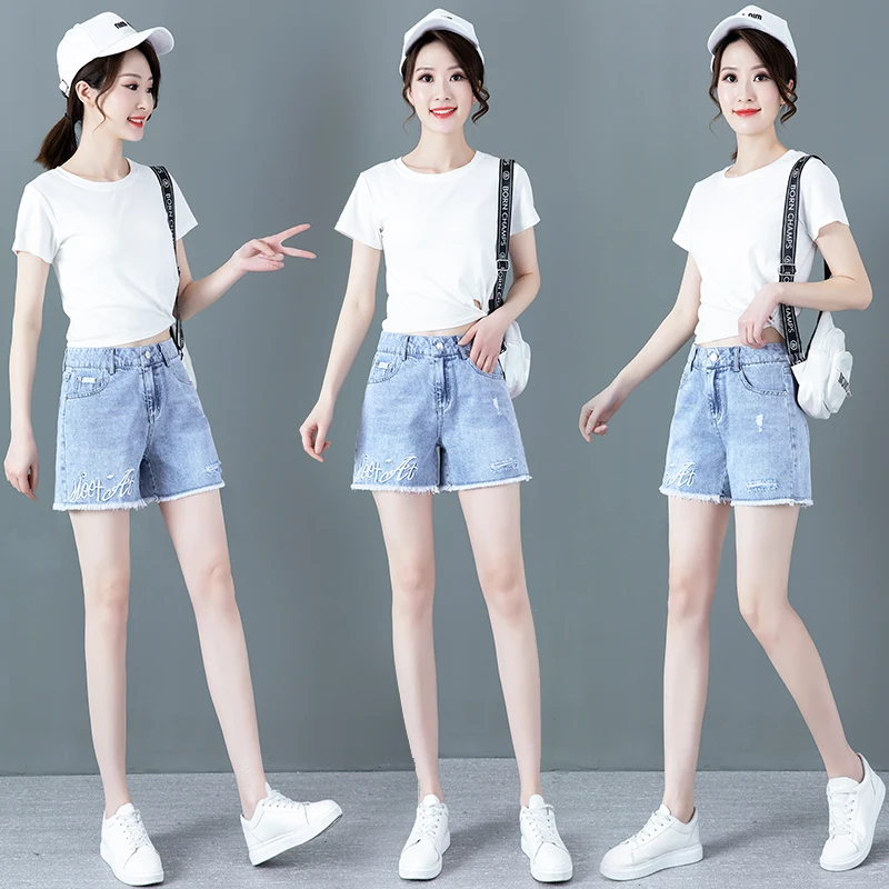 Hellblaue hohe Taille, dünne Denim-Erds-Damen-Sommer, lockeres Abnehmen, A-Linie, weites Bein, Hotpants, lässig, Faion, Frühling und Herbst