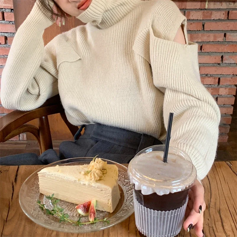 Turtleneck Sweaters Women Autumn Winter Loose Knitwear Hollow Out Simple Designed Pullovers Streetwear Vintage Keep Warm Ulzzang