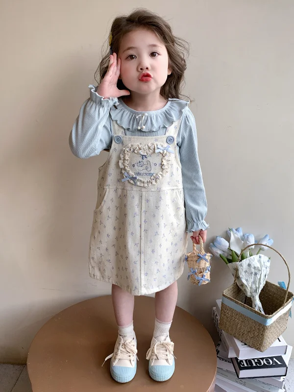 

Весенне-осенний детский комплект с цветочным принтом, моющийся комплект из 2 предметов для девочек, милые длинные брюки принцессы, юбка-миди