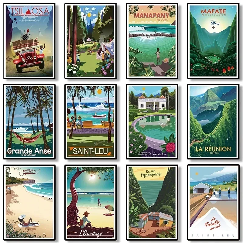 Canvas Painting French Reunion Island Holiday Vintage Travel Posters Print s City for Living Room Home Decor Wall Art Picture