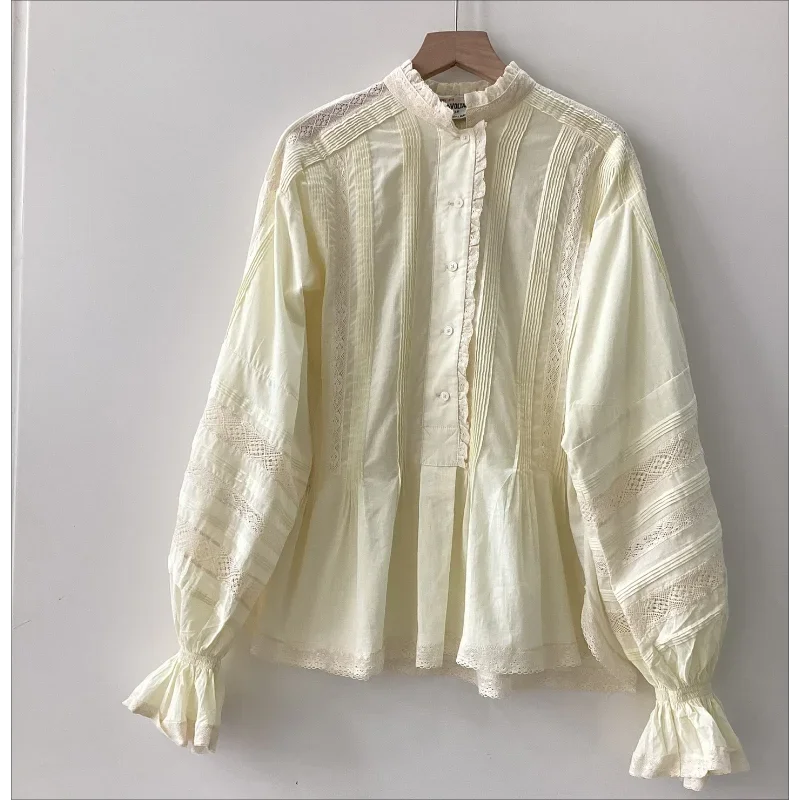 Women High-end Shirts Lace Splicing Spring Puff Sleeve Temperament Commuting Long-sleeved Clothing Round Neck White Tops Office