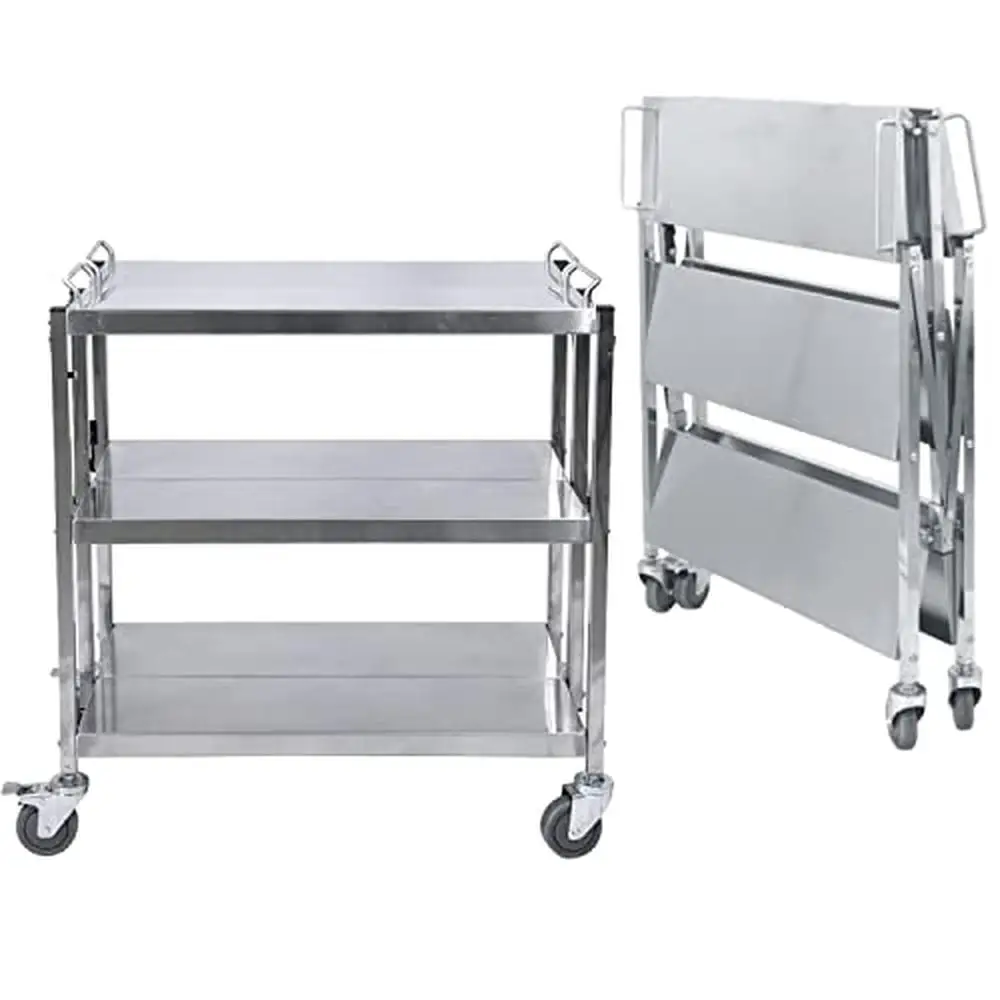 

Stainless Steel Kitchen Trolley Cart Folding Utility Cart 330lbs Capacity Silent Brake System Easy Assembly Space-Saving Design