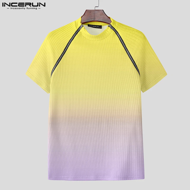 

INCERUN Men T Shirt Tie Dye Knitted Gradient Zipper Short Sleeve Tee Tops Summer Streetwear 2025 Fashion Casual Men Clothing