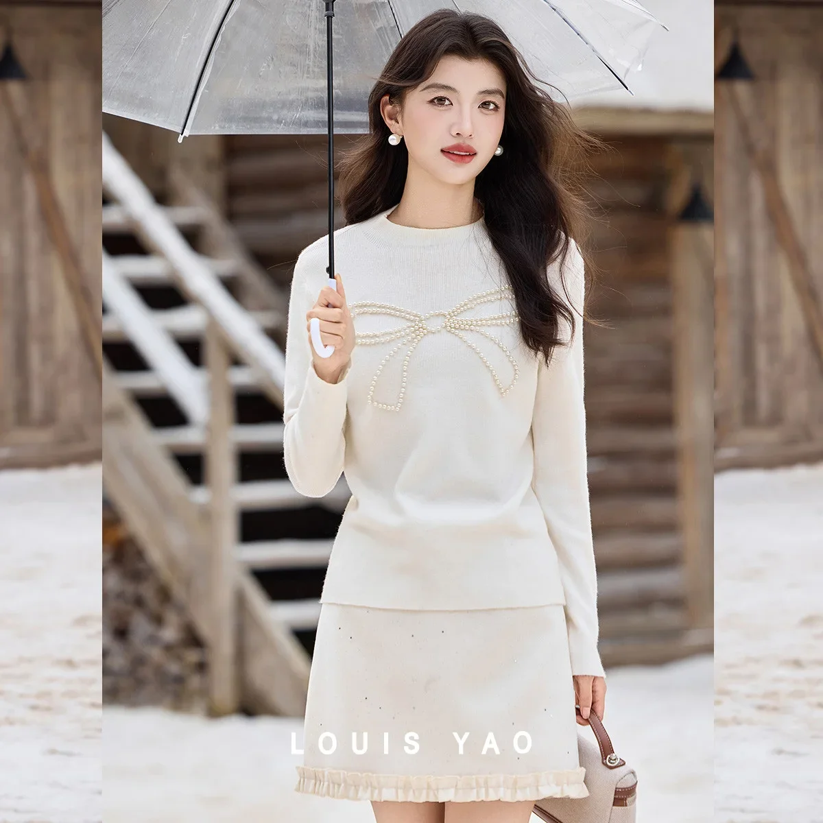 

LOUIS YAO New Women's Knitted Sweater 2025 Autumn/Winter Knitwear Layering or Outerwear Half-Turtleneck Beaded Bow Knit Jumper