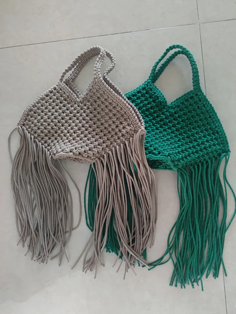 Designer woven fringed tote bag Women New Casual Ethnic Style Braided crochet net bag summer beach bucket purse