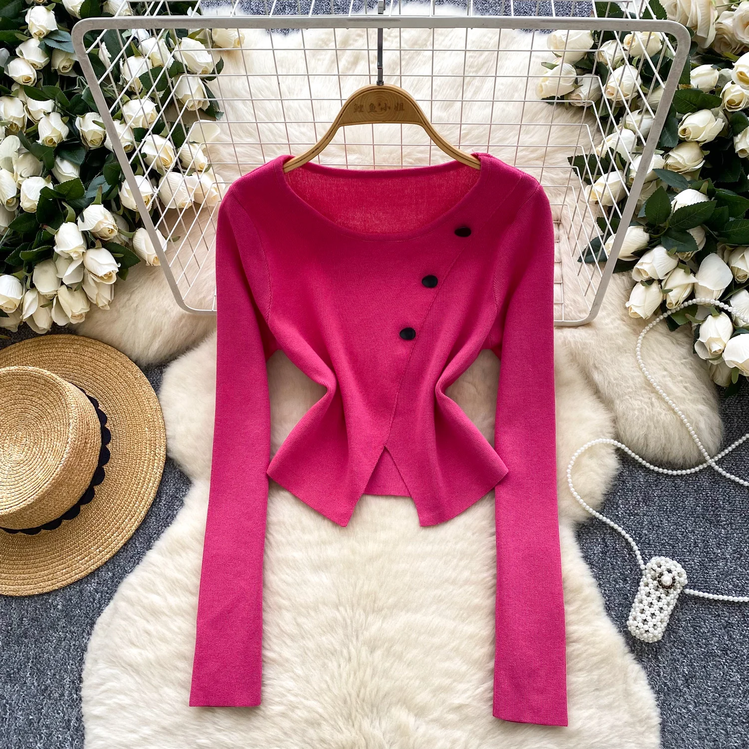 

Women Irregular Long Sleeve Knitted Sweater Chic Split Button Design Round Neck Pullovers 2025 Autumn Winter Fashion Slim Tops