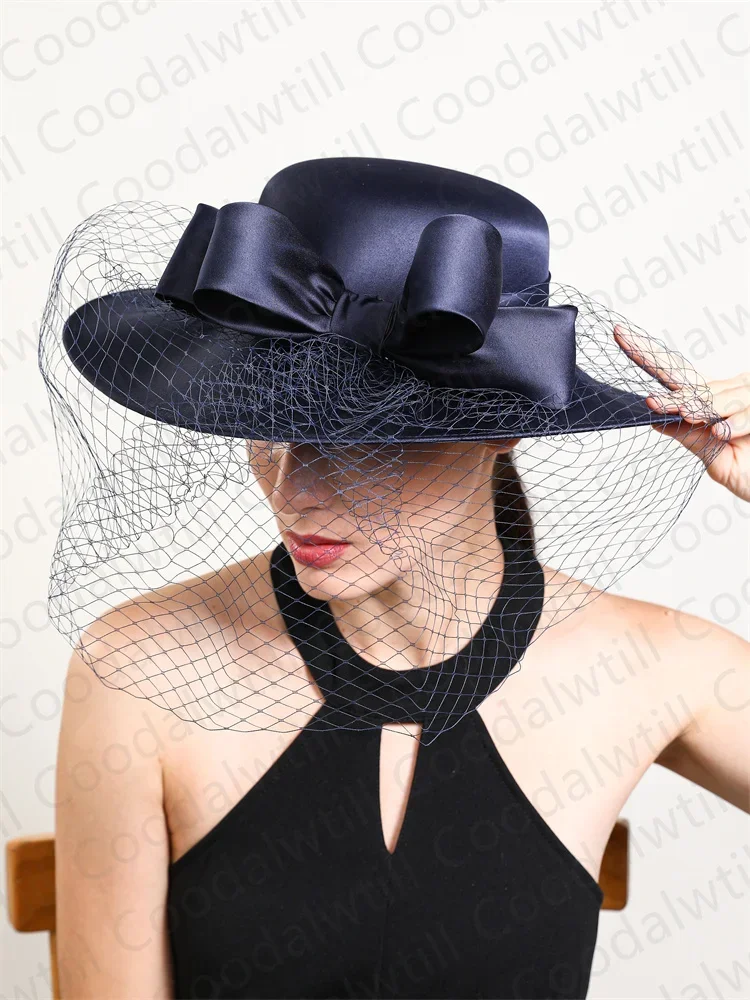 Women Formal Party Veils Fedora Cap Wedding Church Fascinators Mesh Hat Derby Party Show Chapeau Cap With Bow Hair Accessories