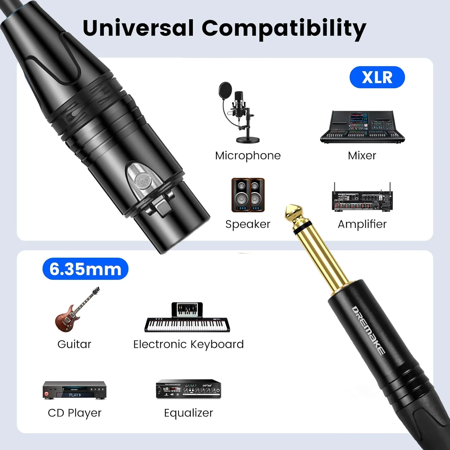 DREMAKE 6.35 męskie do 3-pinowe XLR żeńskie XLR do Mono Jack 6.3/6.5mm męskie wtyk mikrofon Audio kable do wzmacniacz miksujący głośników