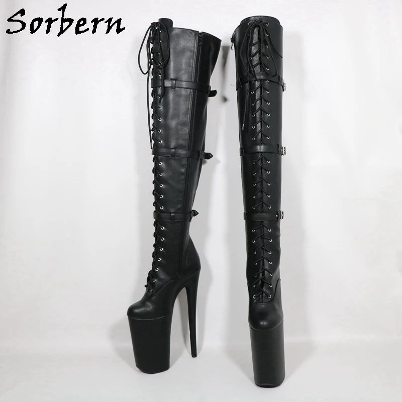 Sorbern 26cm Pole Dance Boots Black Mid Thigh High Boots For Women Multi Straps Lace Up Thick Platform Shoes Custom