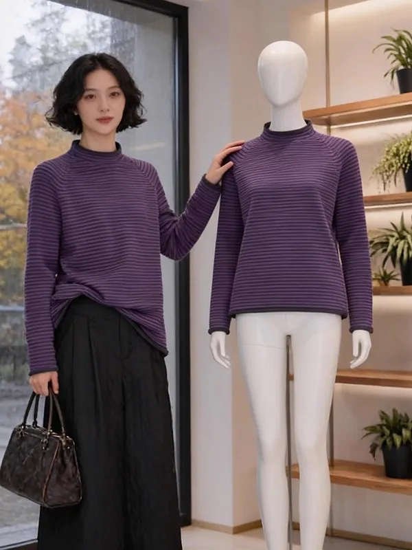 

plus Size Knitwear Long Sve Loose Fit Women's Inner Wear Striped High Collar Top Korean Sle Autumn Winter Faionable Ba...