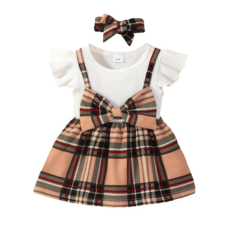 Newborn Girl Cute Christmas Dress Suit Patchwork Crew Neck Long Sleeve Dress Fall Plaid Headband Princess Dress