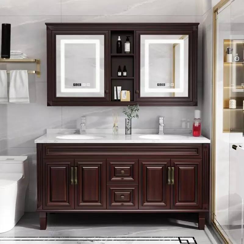 American modern bathroom cabinet oak integrated ceramic basin solid wood floor double basin hand wash face basin