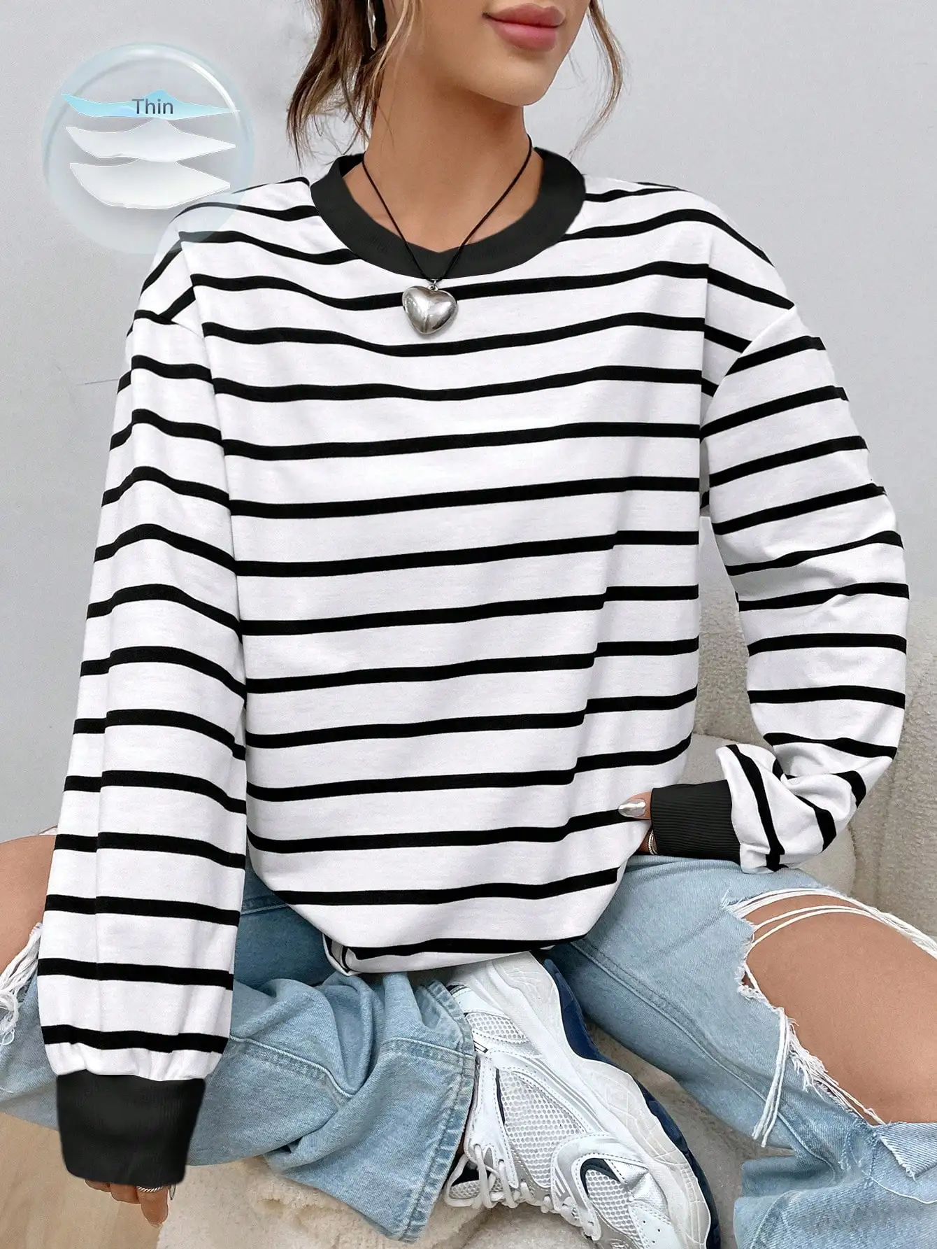 

Женская тонкая полосатая толстовка с длинными рукавами и спущенным плечом, повседневный топ для весны и осени