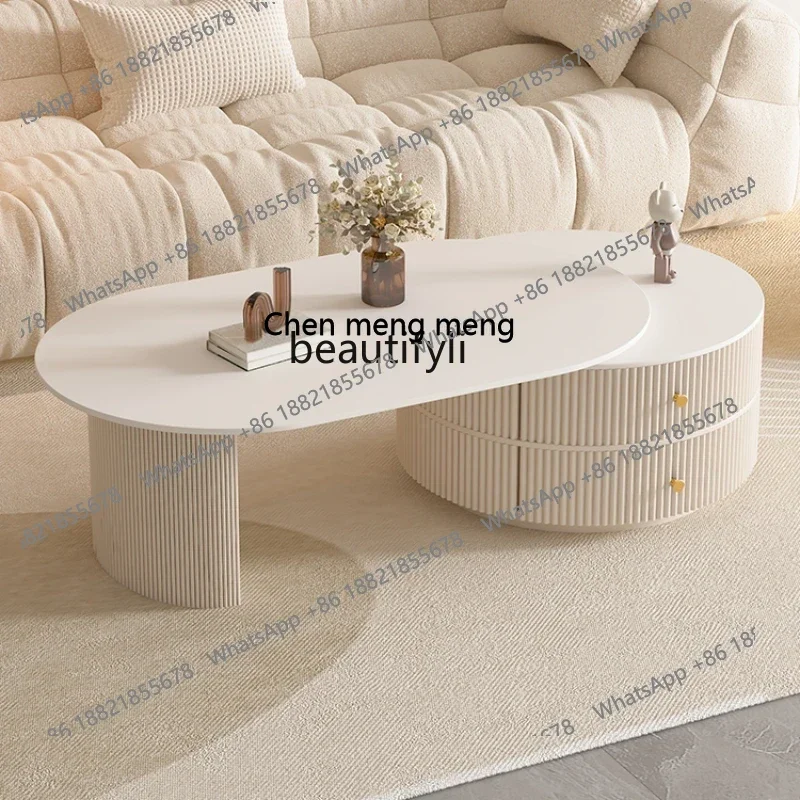 D178 Cream Wind Retractable Coffee Table Living Room Home Light Luxury Small Apartment Minimalist Stone Plate