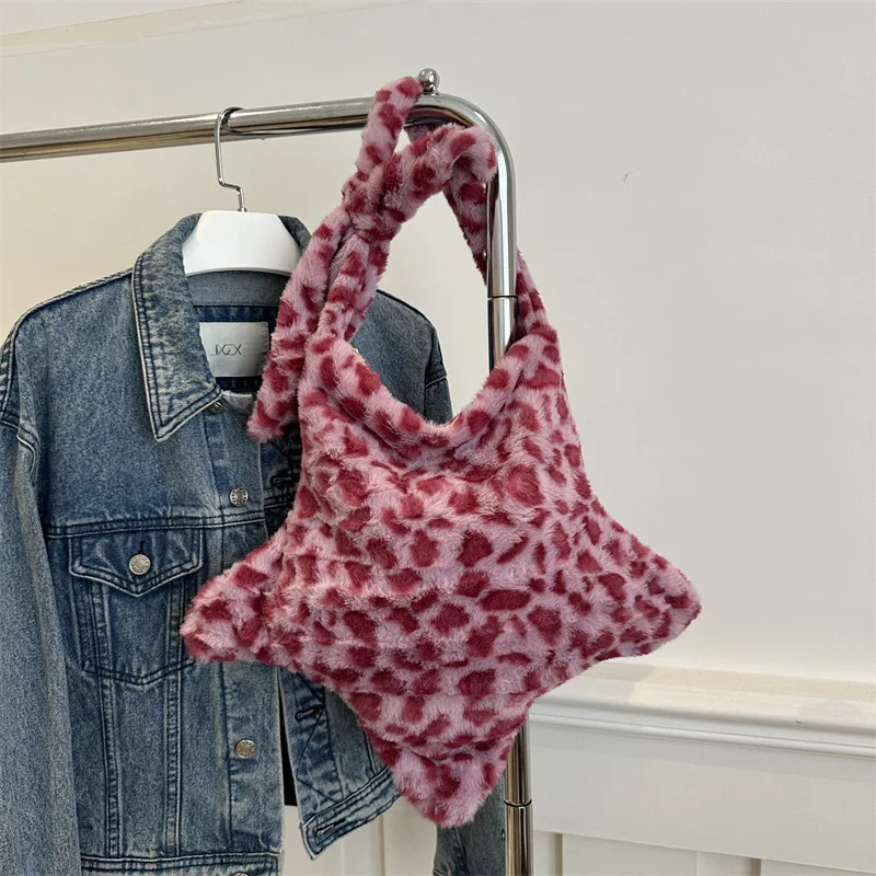 نجمة ليوبارد طباعة أفخم حقائب كروسبودي للنساء فروي سعة كبيرة الفتيات حقيبة كتف خمر حمل حقائب اليد محفظة الإناث #5