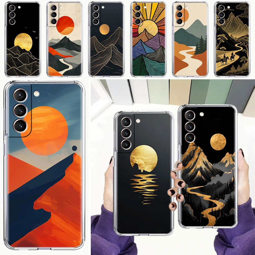 Phone Case For Samsung Galaxy S26 S25 S24 S23 S22 Ultra S20 S21 FE 5G Plus Soft Clear Cover Abstract Mountain Sunrise Line