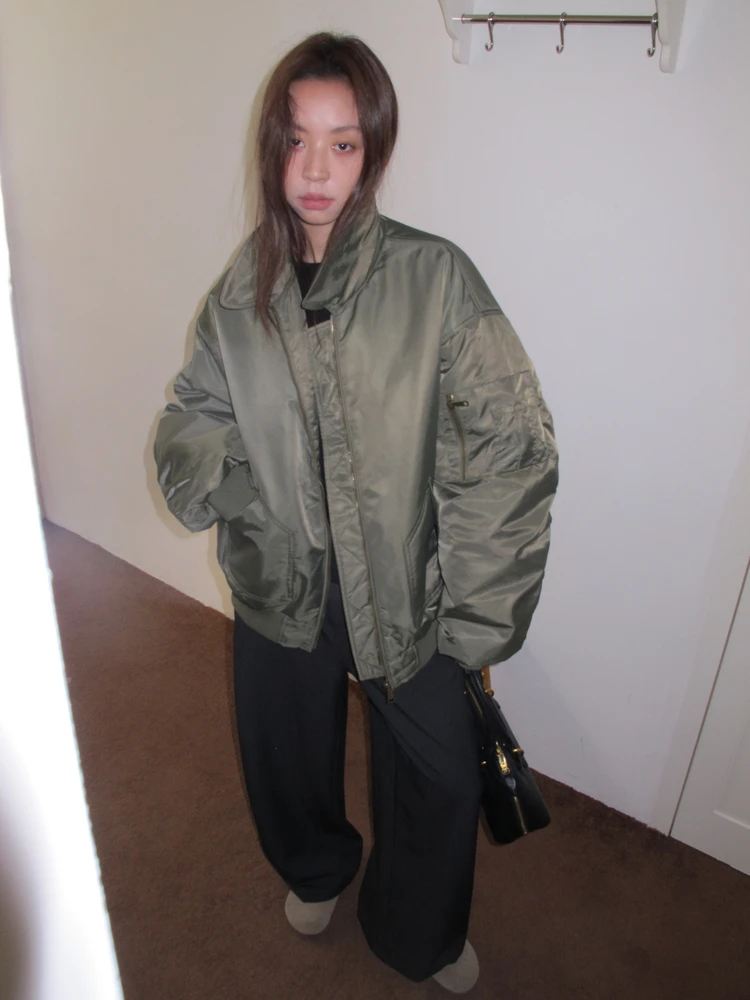 

Heavyweight Handmade Pilot Jaet Baseball orm Women's Autumn Winter Thiened Cotton Jaet Loose Fit Long Sve Zipper