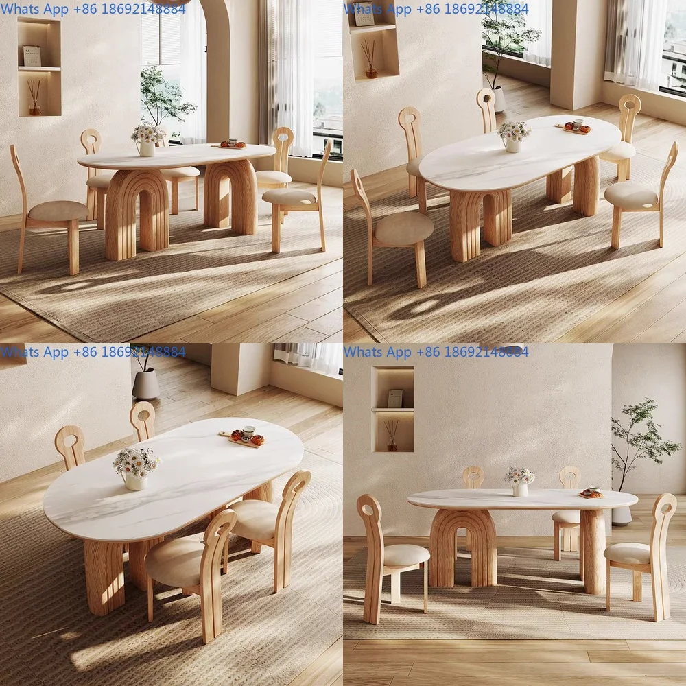 

Solid Wood Dining Table Oval Thick Stone Top Modern Minimalist Home Furniture