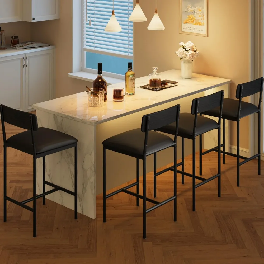 

Bar Stools Set of 4, Kitchen Bar Stools with Footrest, PU Upholstered Counter Height Barstools, Bar Chairs with Back for Kitche