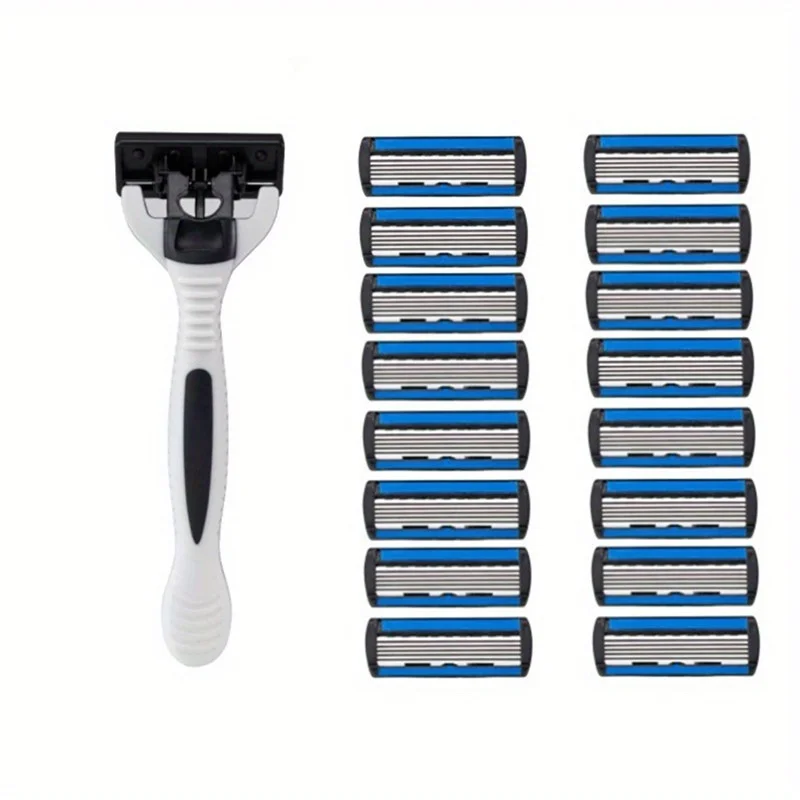 Men's Manual Razor with 6-Layer Stainless Steel Blades,Ergonomic Anti-Slip Handle&Lubrication Strip-Smooth Shaving Experience