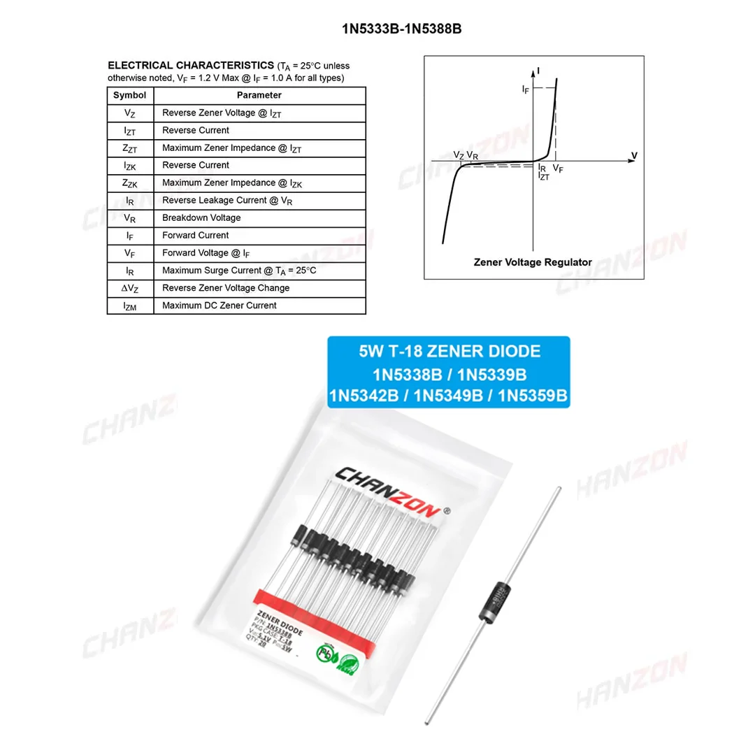 파워 제너 다이오드, T-18 CASE17-02 축 5 W 와트, 1N5338B, 1N5342B, 1N5349B, 1N5359B, 1N5359B, 5 W, 5.1V, 5.6V, 6.8V, 12V, 24V, 팩 당 20 개