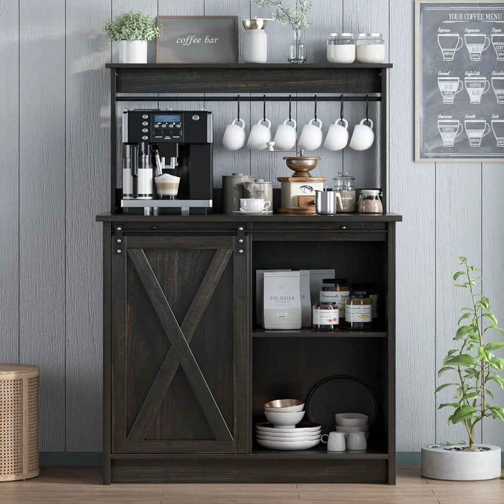 

Farmhouse Coffee Bar Cabinet with Hutch, 50 Inch Coffee Bar Hutch with Sliding Barn Door & 6 Hooks for Living Dining