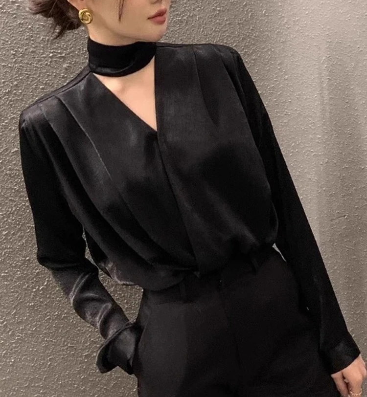 French Sle Pure Color V-ne Breathable Casual Slim Straight ape Commuter irt Silk Long Sve BibFem Sle irt