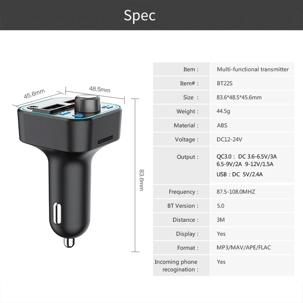 Dual USB Fast Charger Car Accessories Bluetooth-compatible FM Transmitter Car Player Kit Handsfree LED Backlit USB Charger